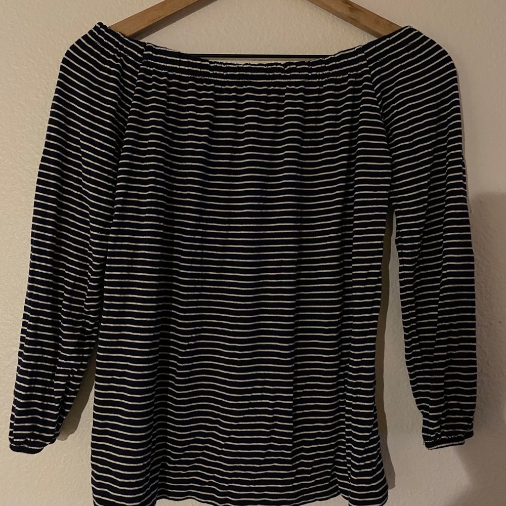 navy and white striped off the shoulder top